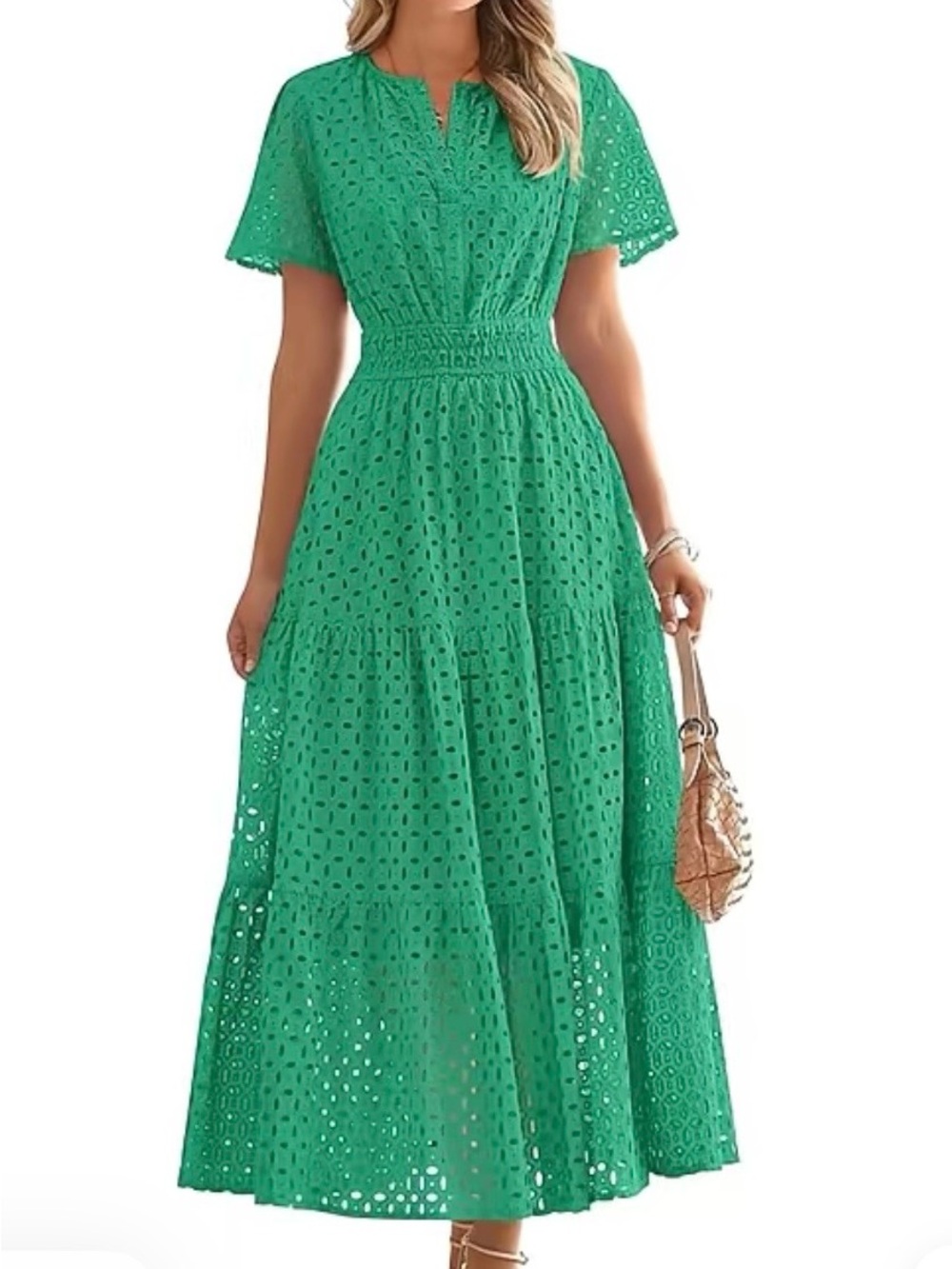 Eyelet Midi Dress in Green - Smocked Waist
